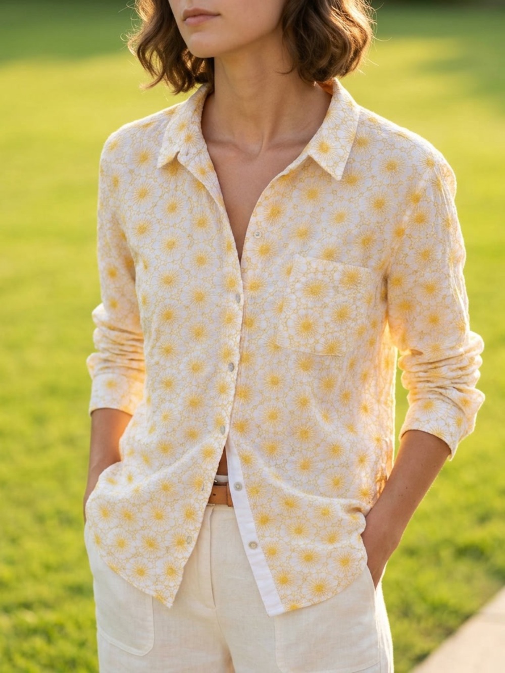 J. Jill Yellow White Floral Eyelet Button Down Shirt Long Sleeve Plus Size 2X